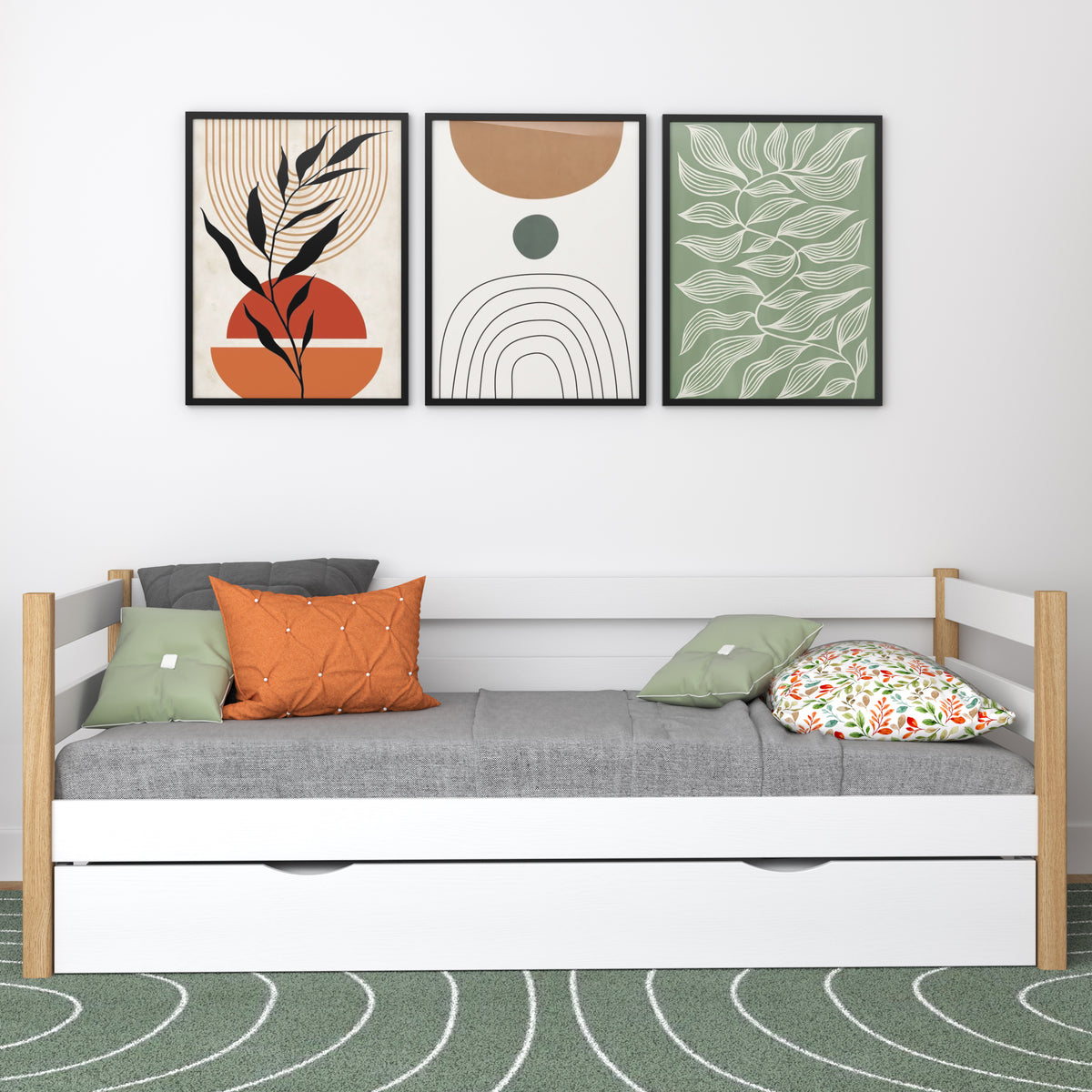 Sofa bed white-oak – wooden side barrier, side view, Nizio