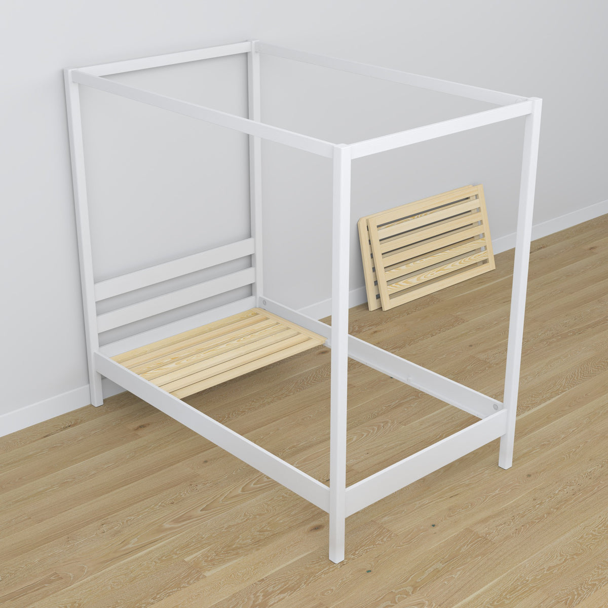 Canopy bed with drawer for mattress white made of wood – dimensions, Nizio