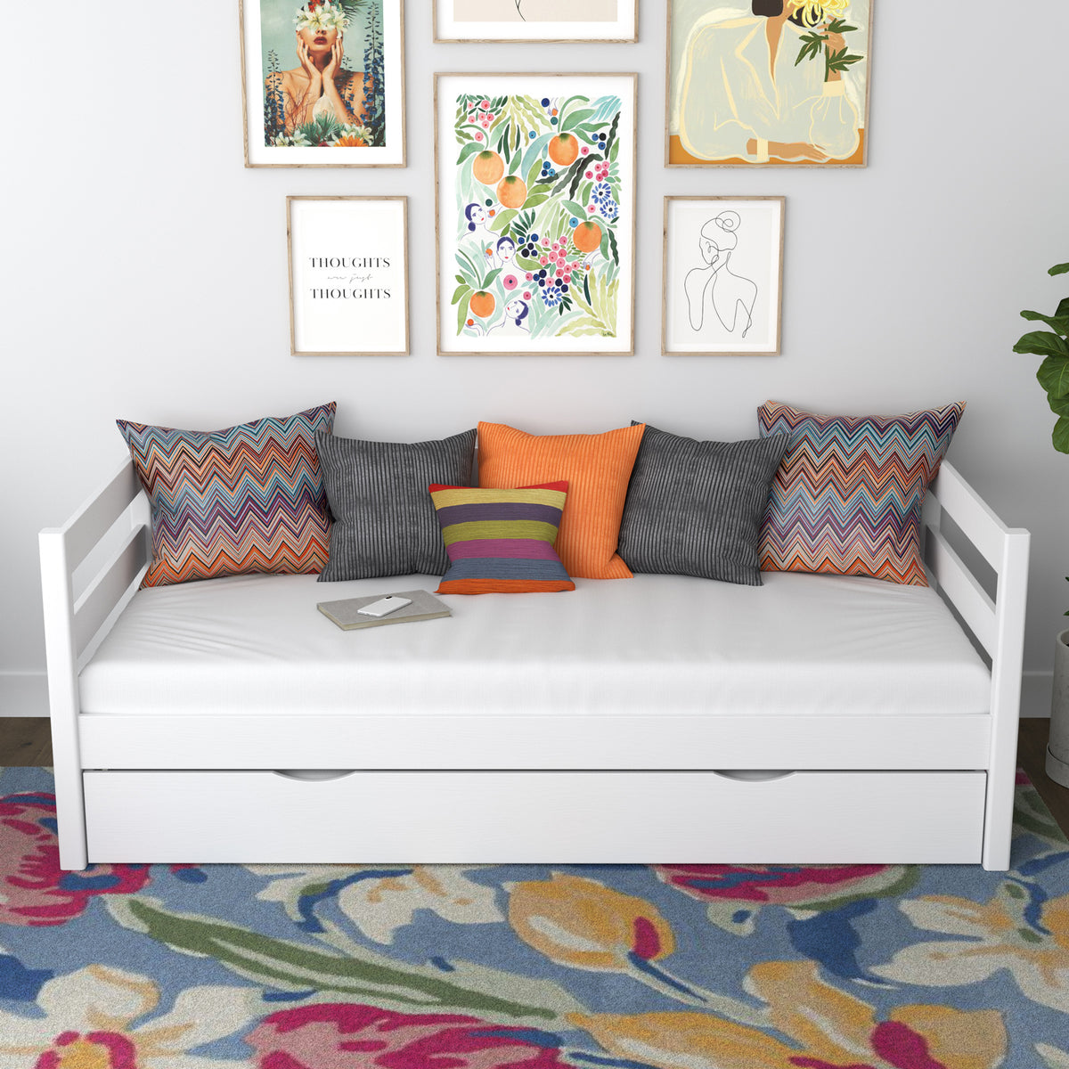 Sofa bed white – wooden side barrier, side view, Nizio