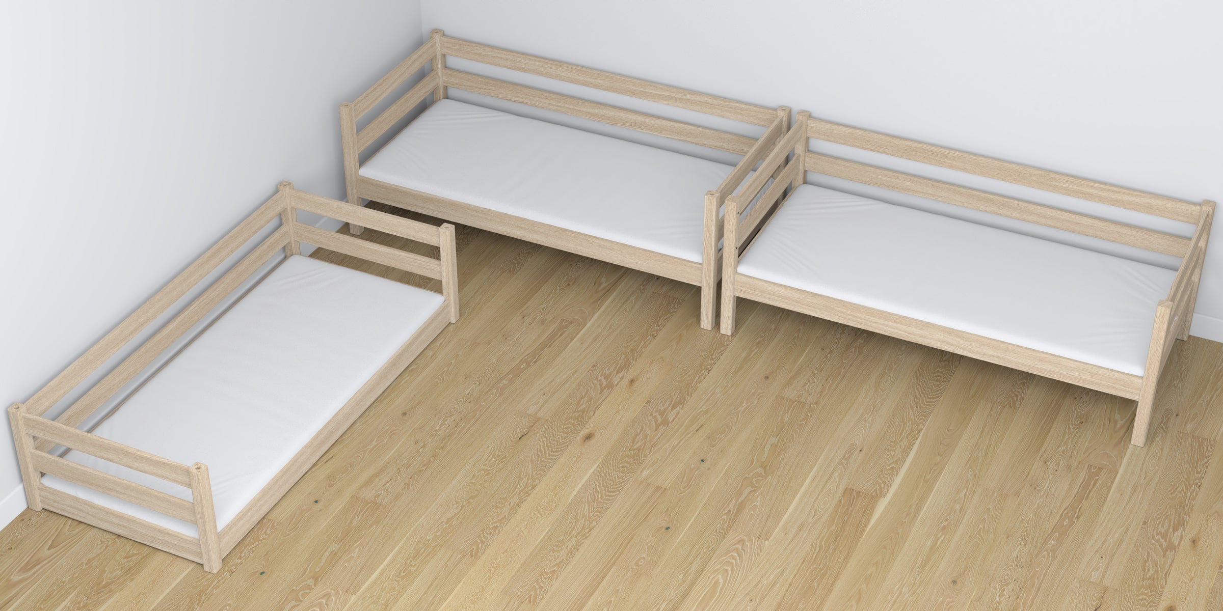 Třípatrová dřevěná postel, bělený dub - detail spojů a konstrukčních detailů