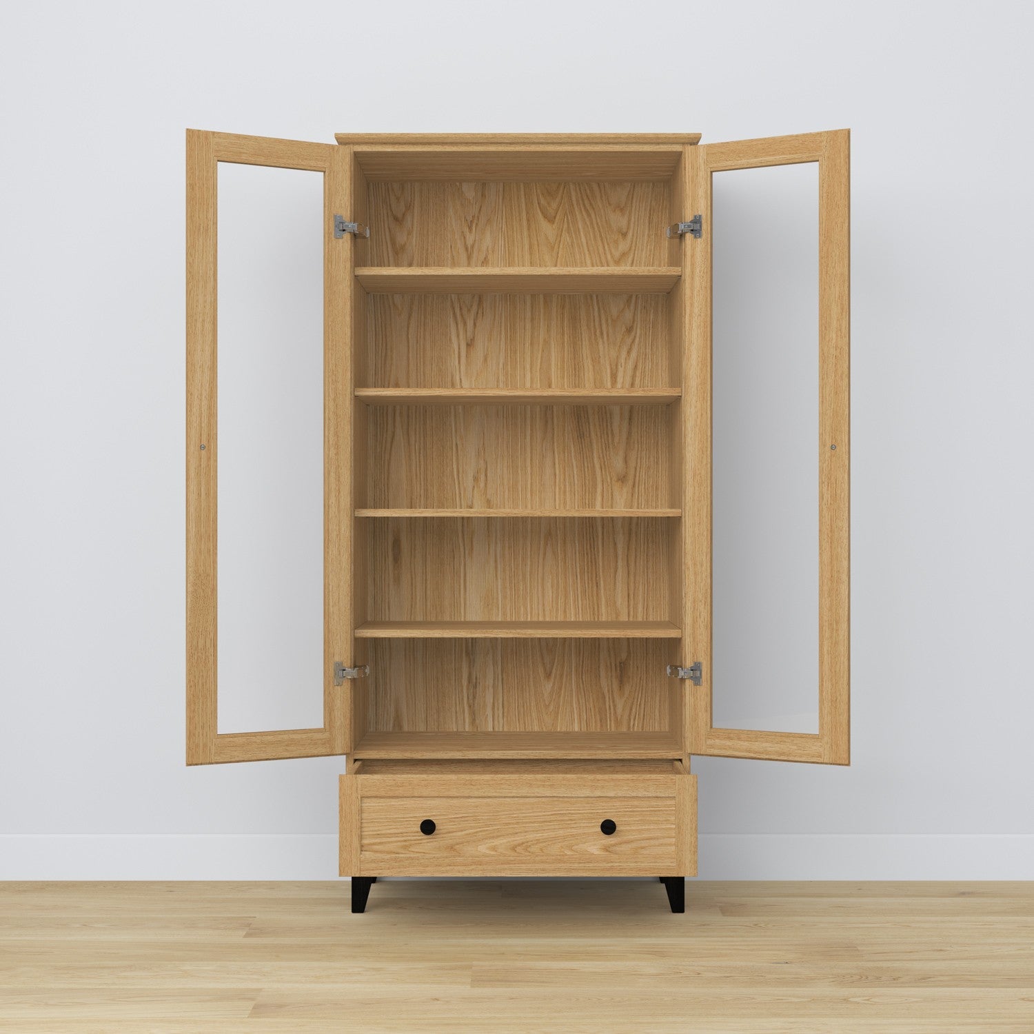 Dubová skříň 1S, přírodní dub s černými - otevřenými dvířky, policemi a zásuvkou uvnitř