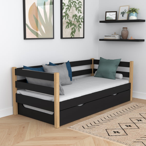 Sofa bed black-oak with mattress drawer – wooden, Nizio Home