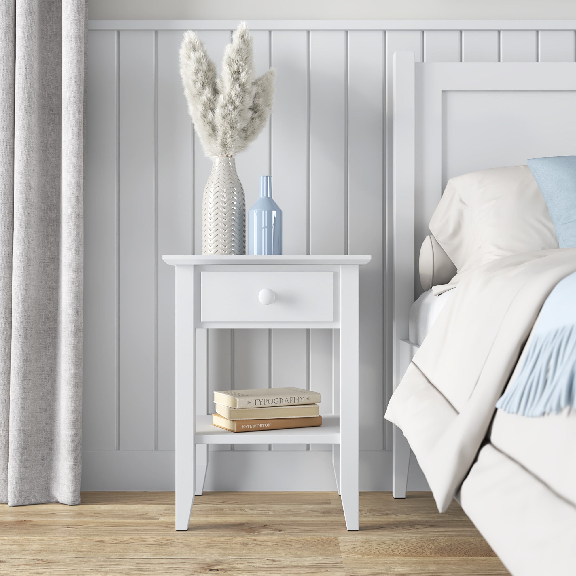 N01 bílý dřevěný noční stolek - boční pohled, Nizio Home