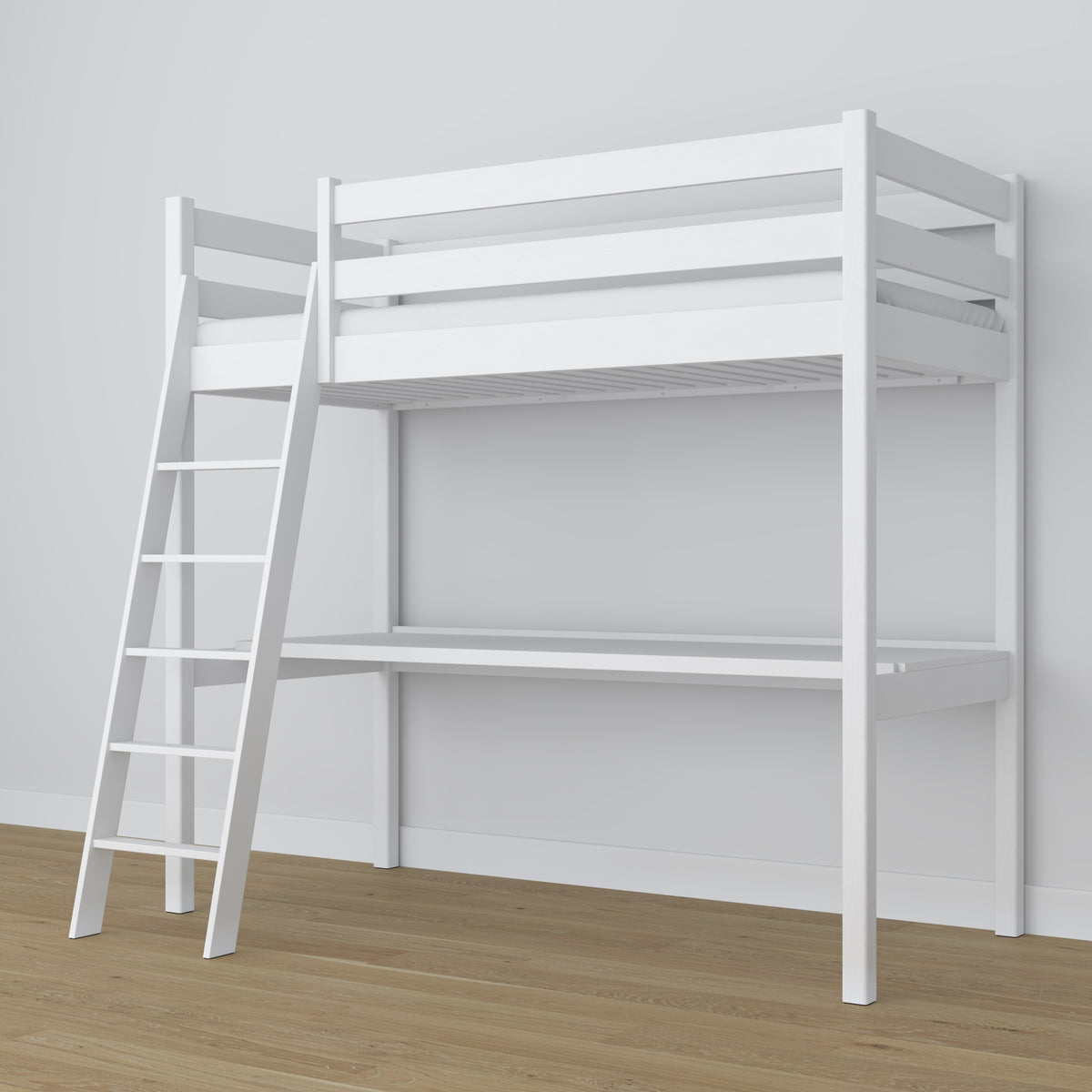 White Wooden Loft Bed with Desk – Frame and Slats, Nizio