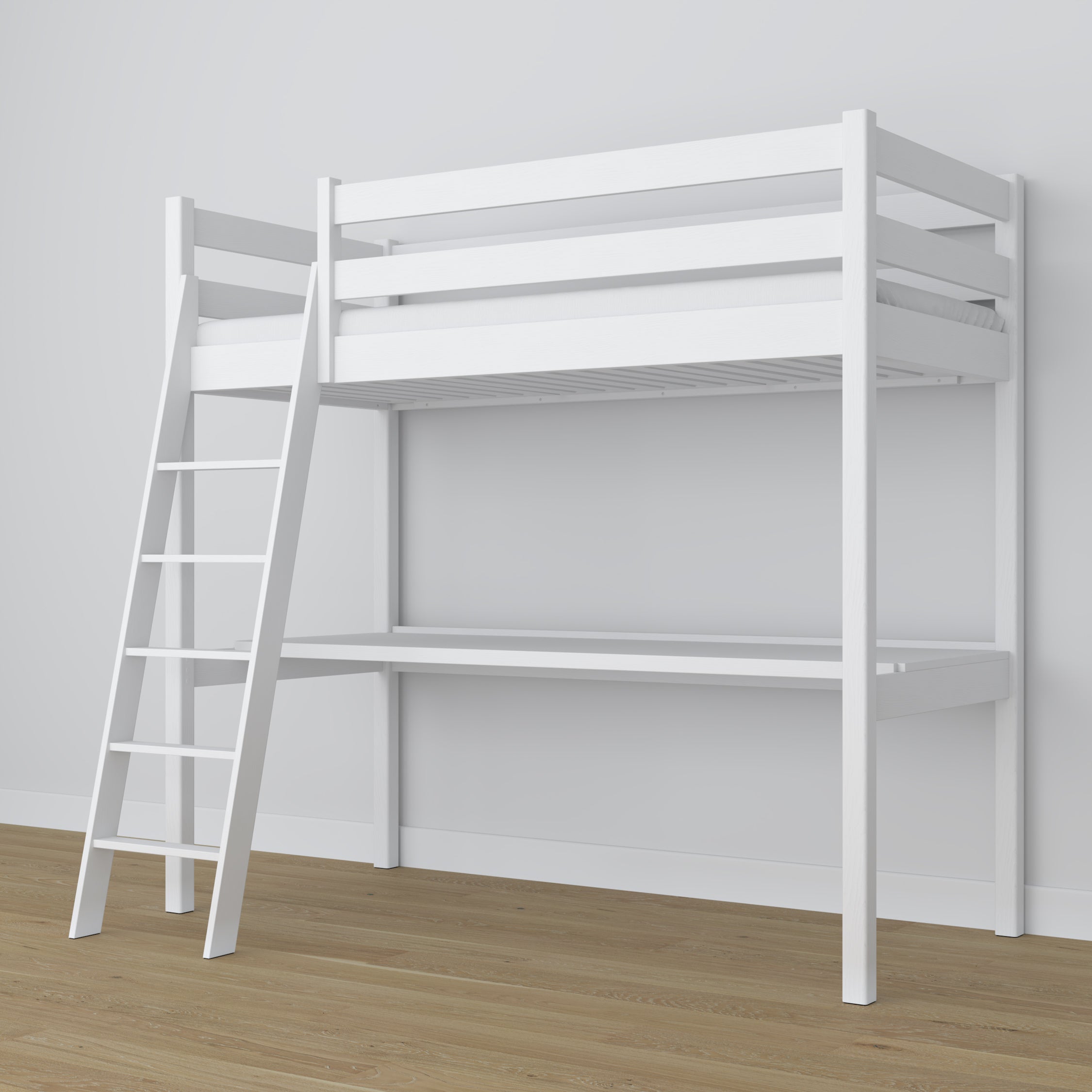 White Wooden Loft Bed with Desk – Frame and Slats, Nizio