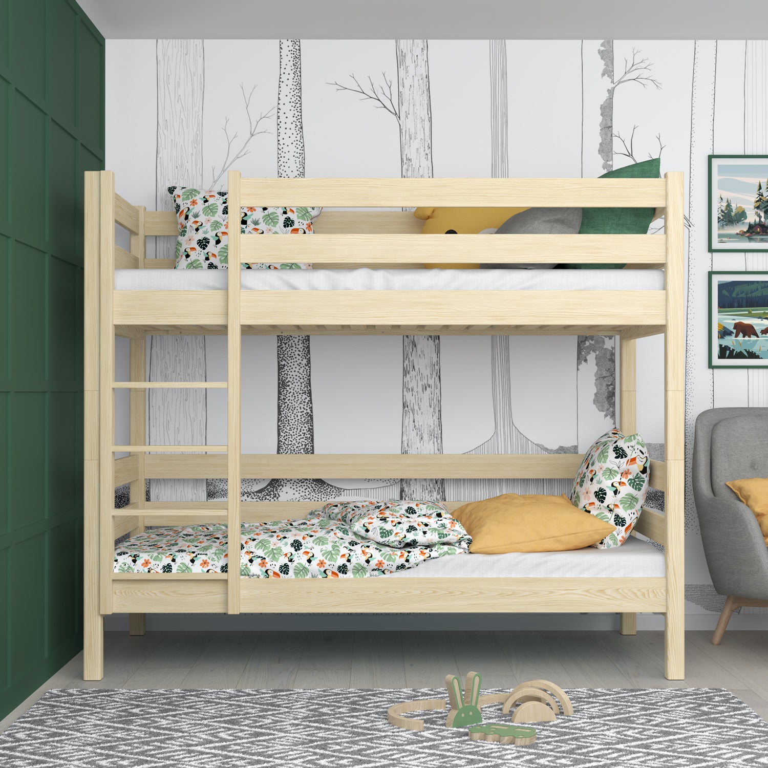 Clear Pine Bunk Bed – Wooden Ladder and Safety Rail, Nizio Home