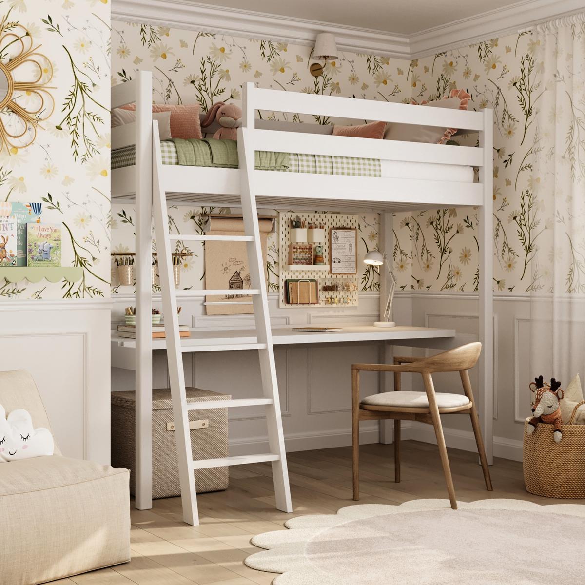 Loft bed white with desk – study space under the sleeping area, wooden