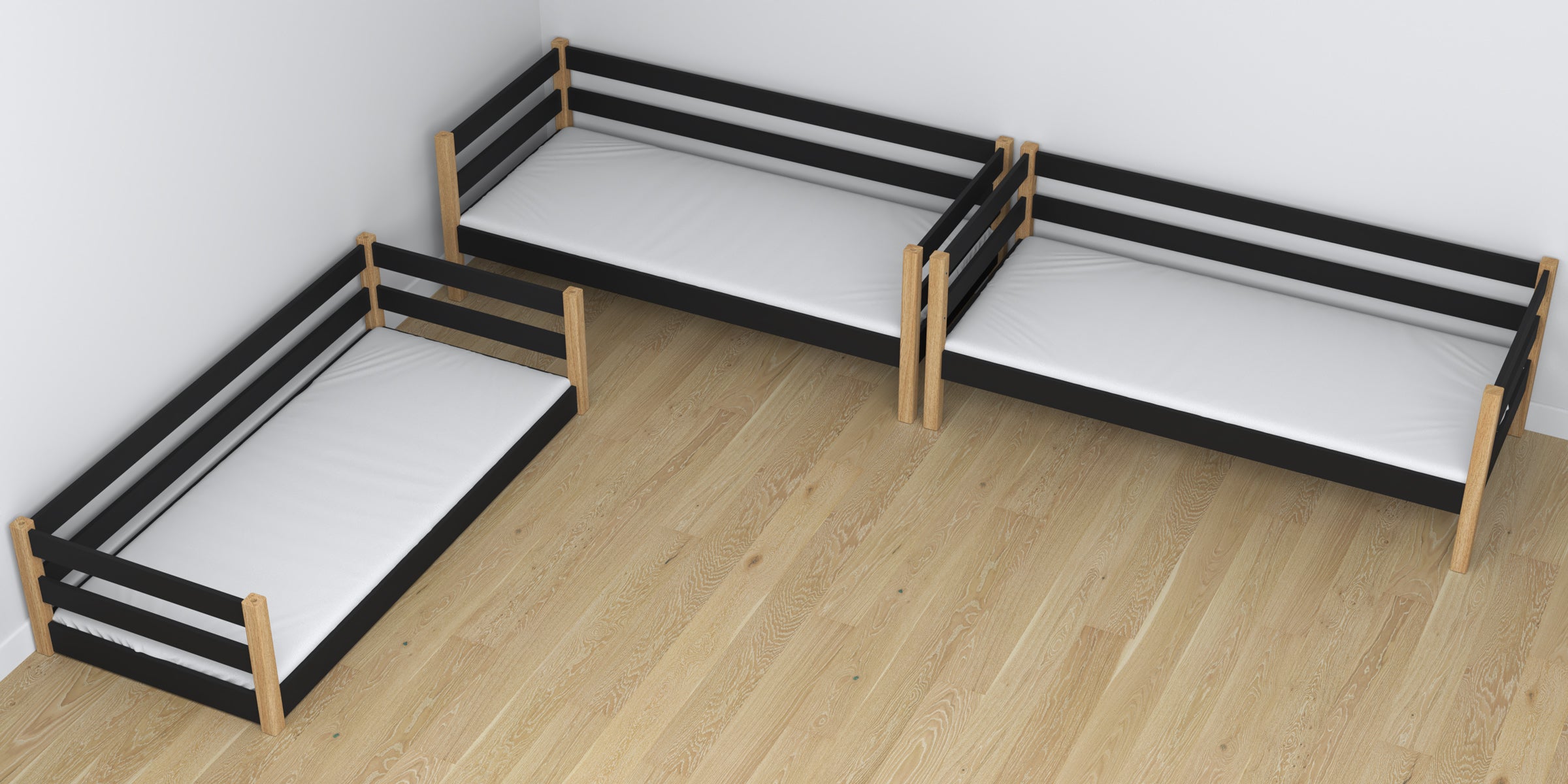 3patrová dřevěná postel, černá s dubem - detail spojů a konstrukčních detailů
