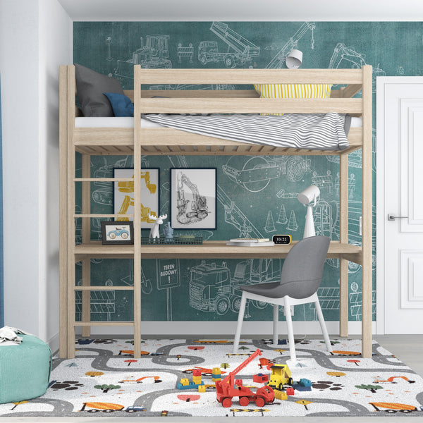 Loft bed bleached oak with desk – study space under the sleeping area, oak