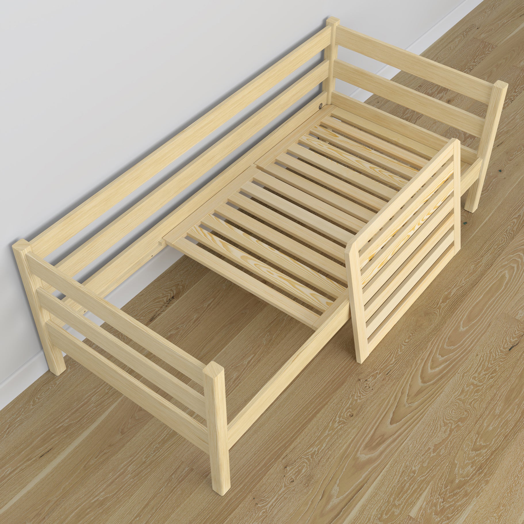 Sofa bed wooden clear pine – angled view, scandi