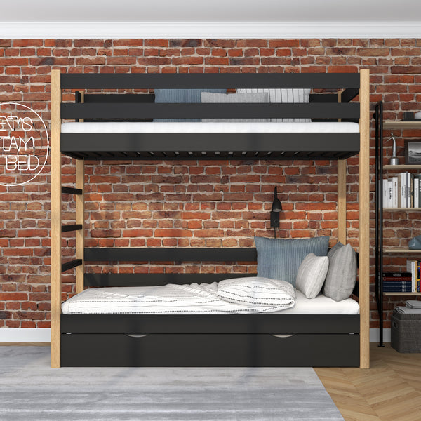 Black and Oak Bunk Bed with Mattress Drawer – Safety Rail, Wooden, Nizio Home