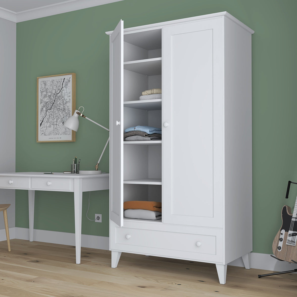 Wardrobe 2D1S wooden white – open doors, hanging rail and internal shelves