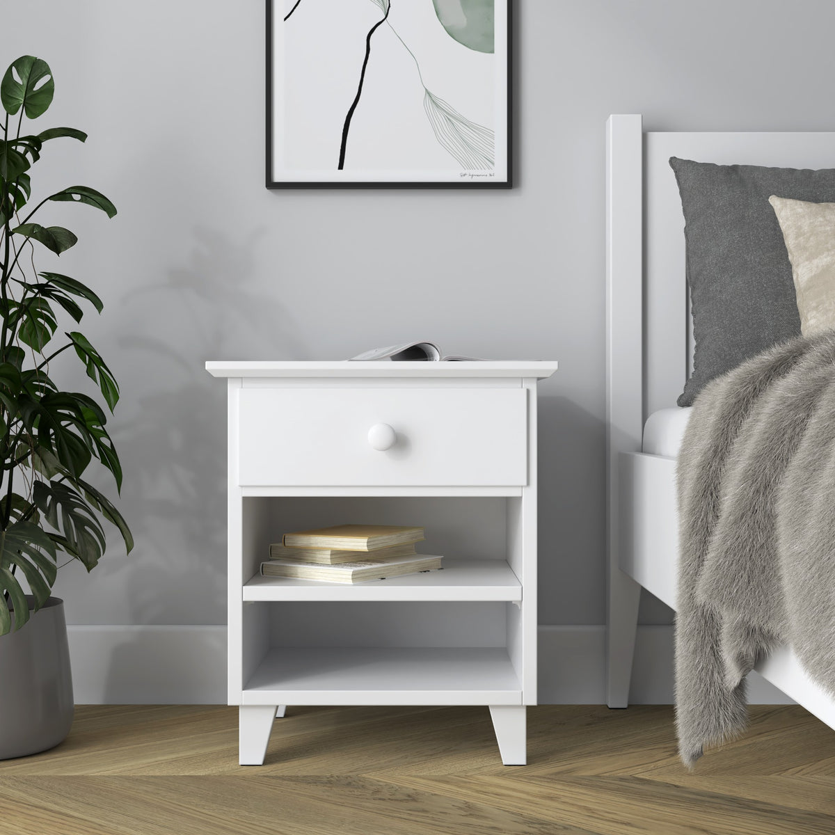 Bedside table N02 wooden white – open drawer, bedside storage compartment