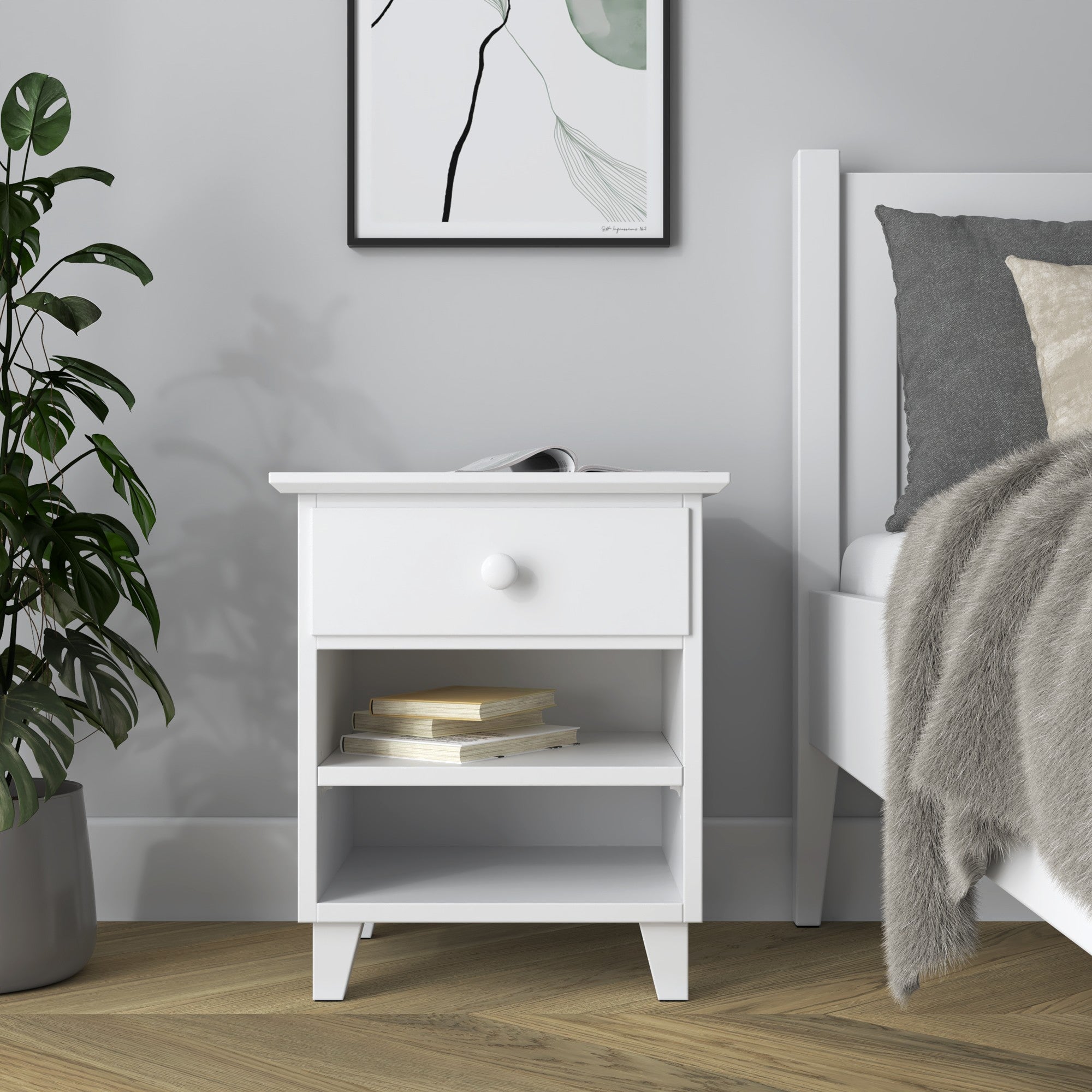Bedside table N02 wooden white – open drawer, bedside storage compartment