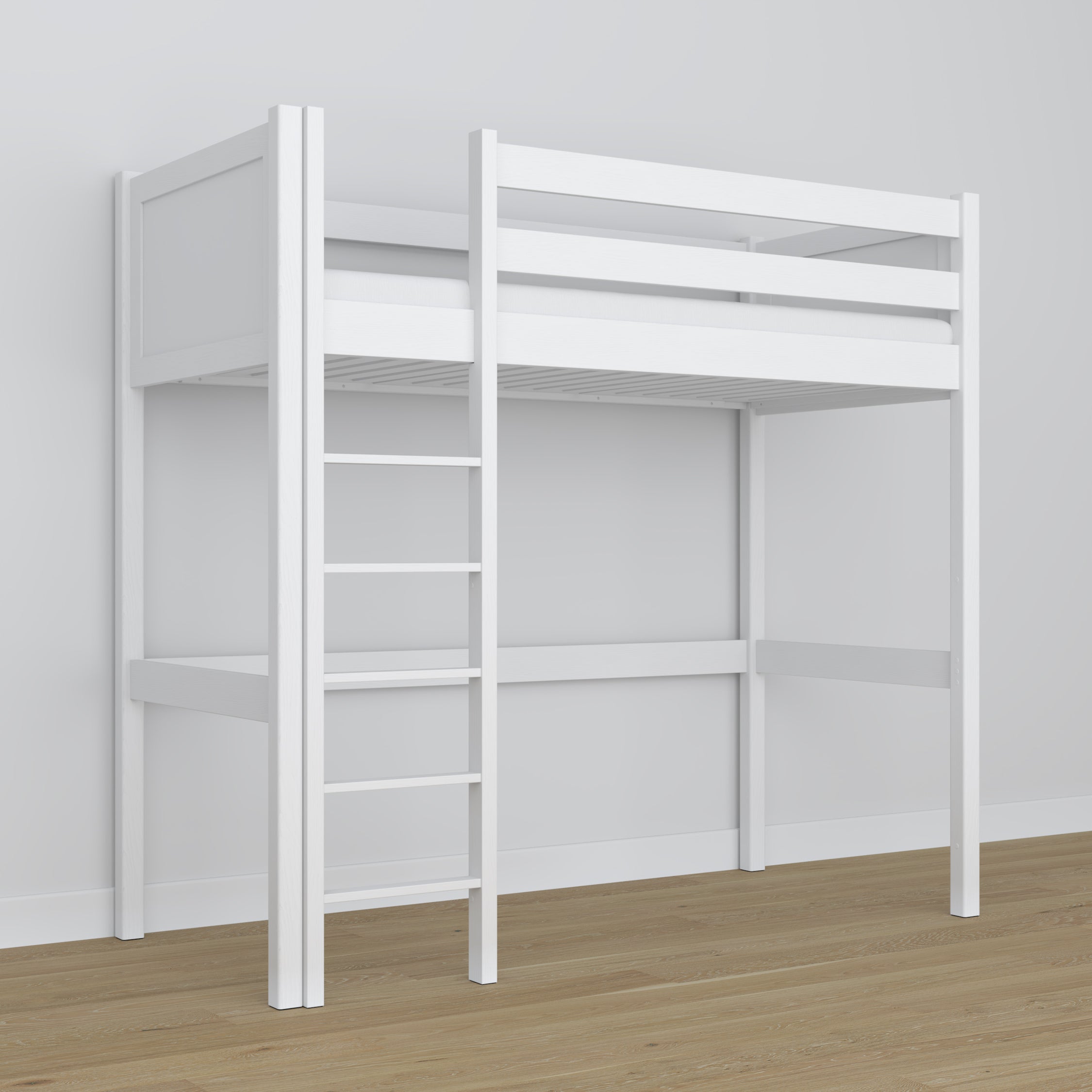 Loft bed white wooden – top view of the sleeping area