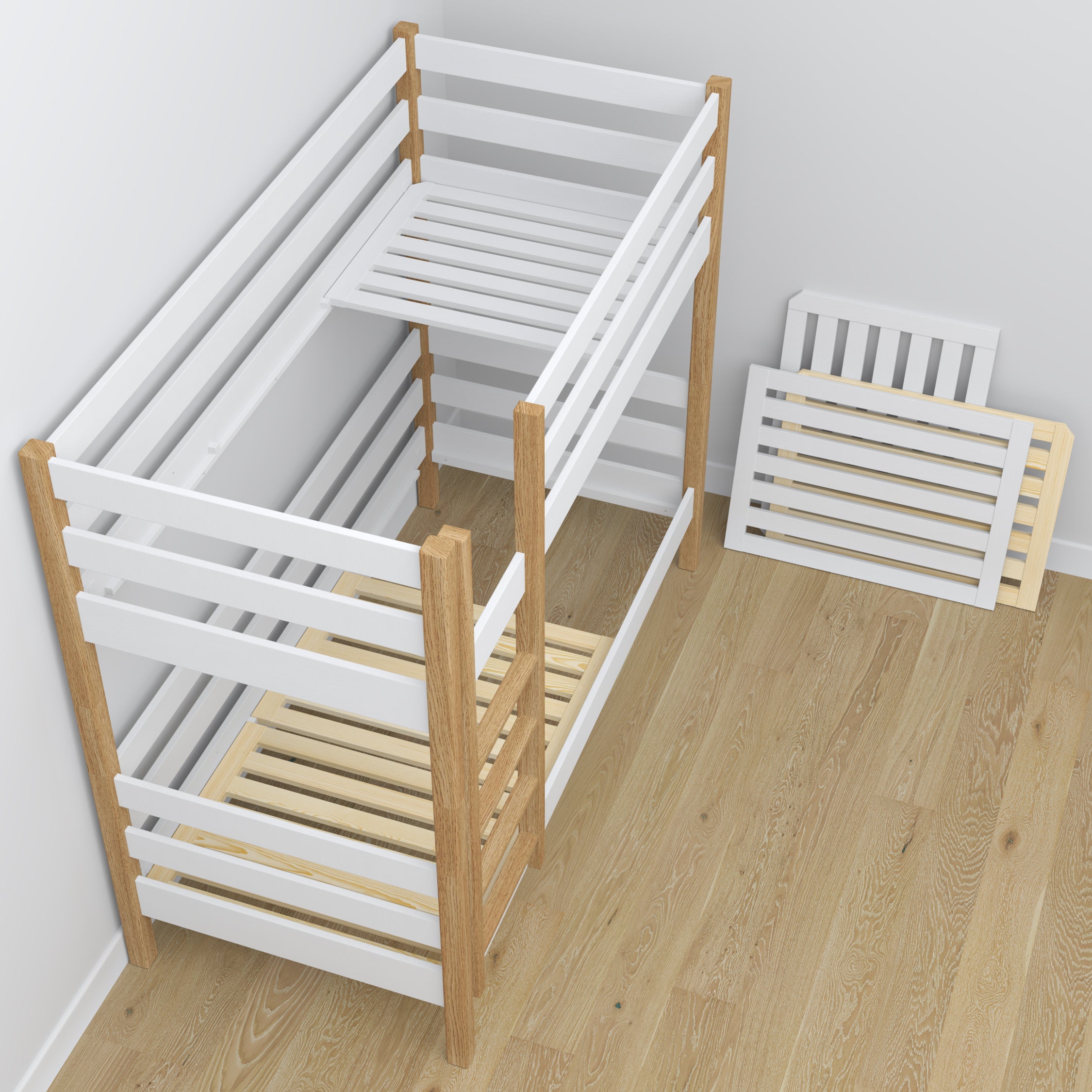 Bílá a dubová patrová postel se zásuvkou ze dřeva – skandinávský design, Nizio