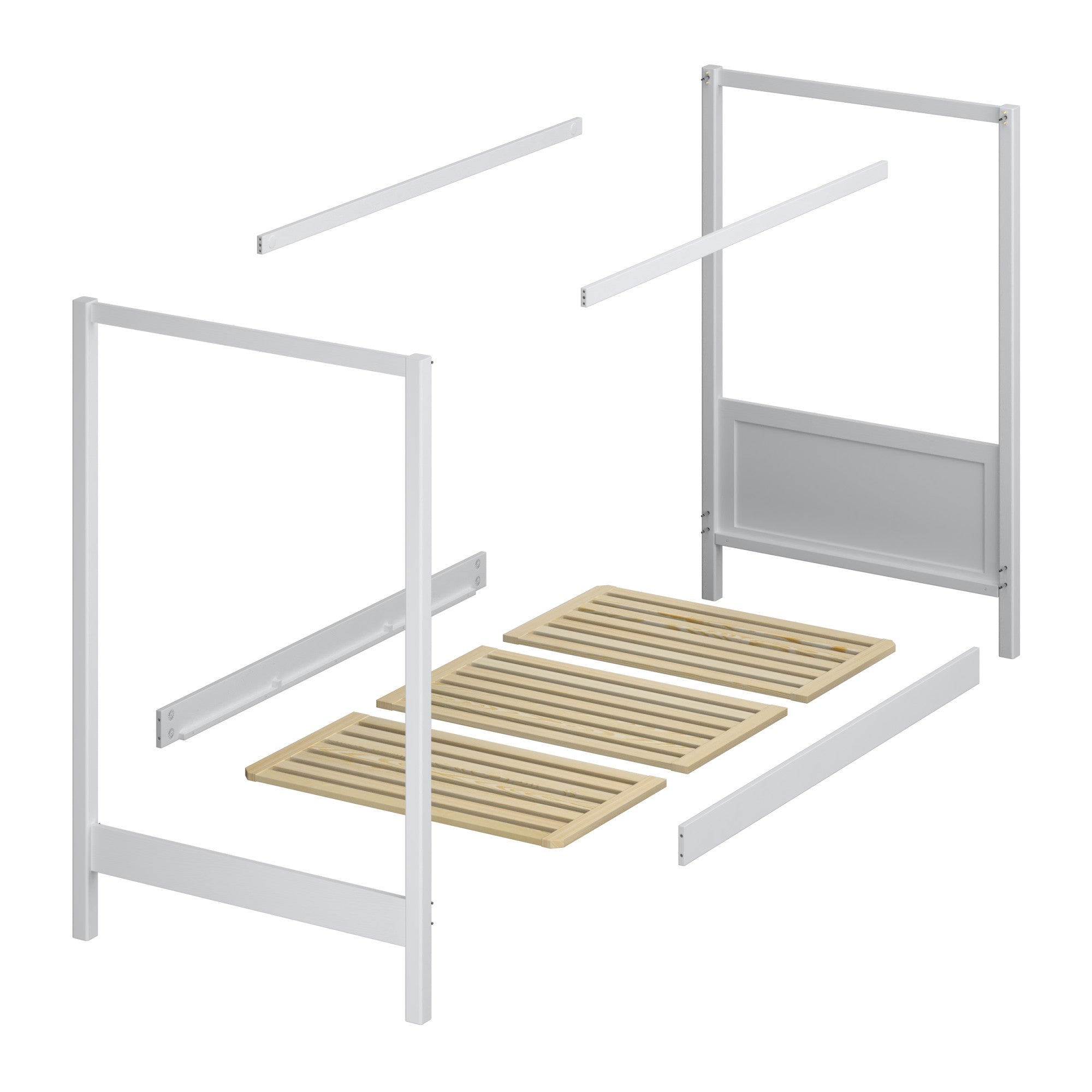 Wooden white canopy bed – angled view, craftsmanship quality