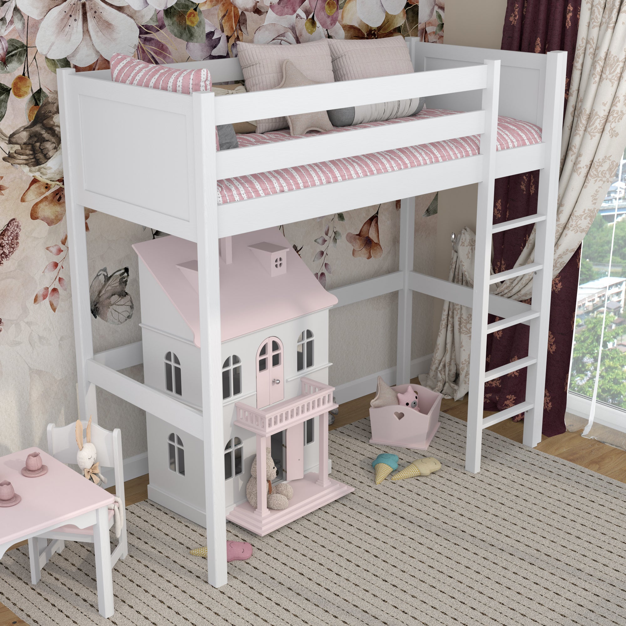 Loft bed white in children’s room – scandi arrangement, wooden
