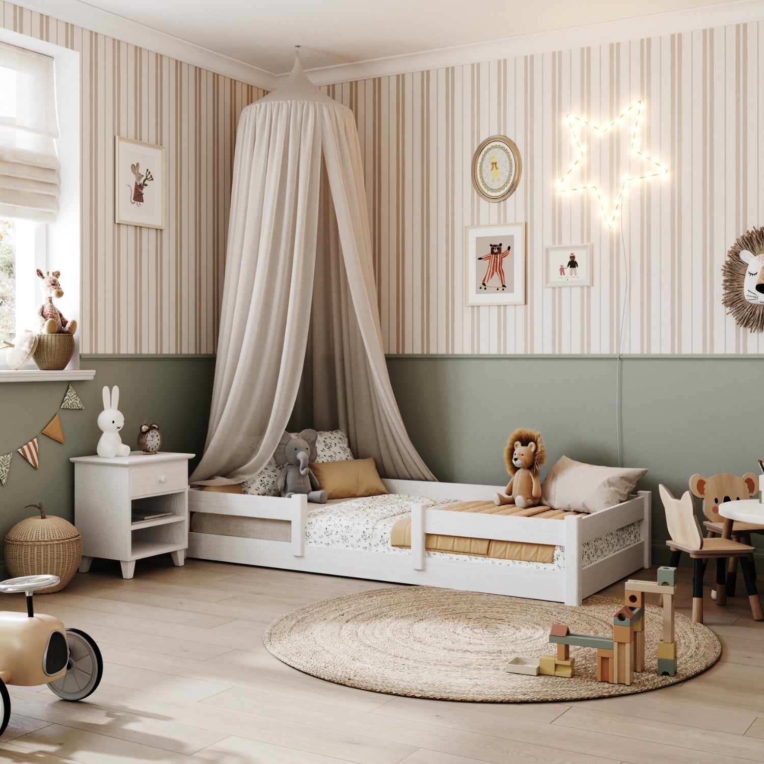 Bílá nízká dřevěná postel - ložnice, masiv, skandinávský styl Nizio