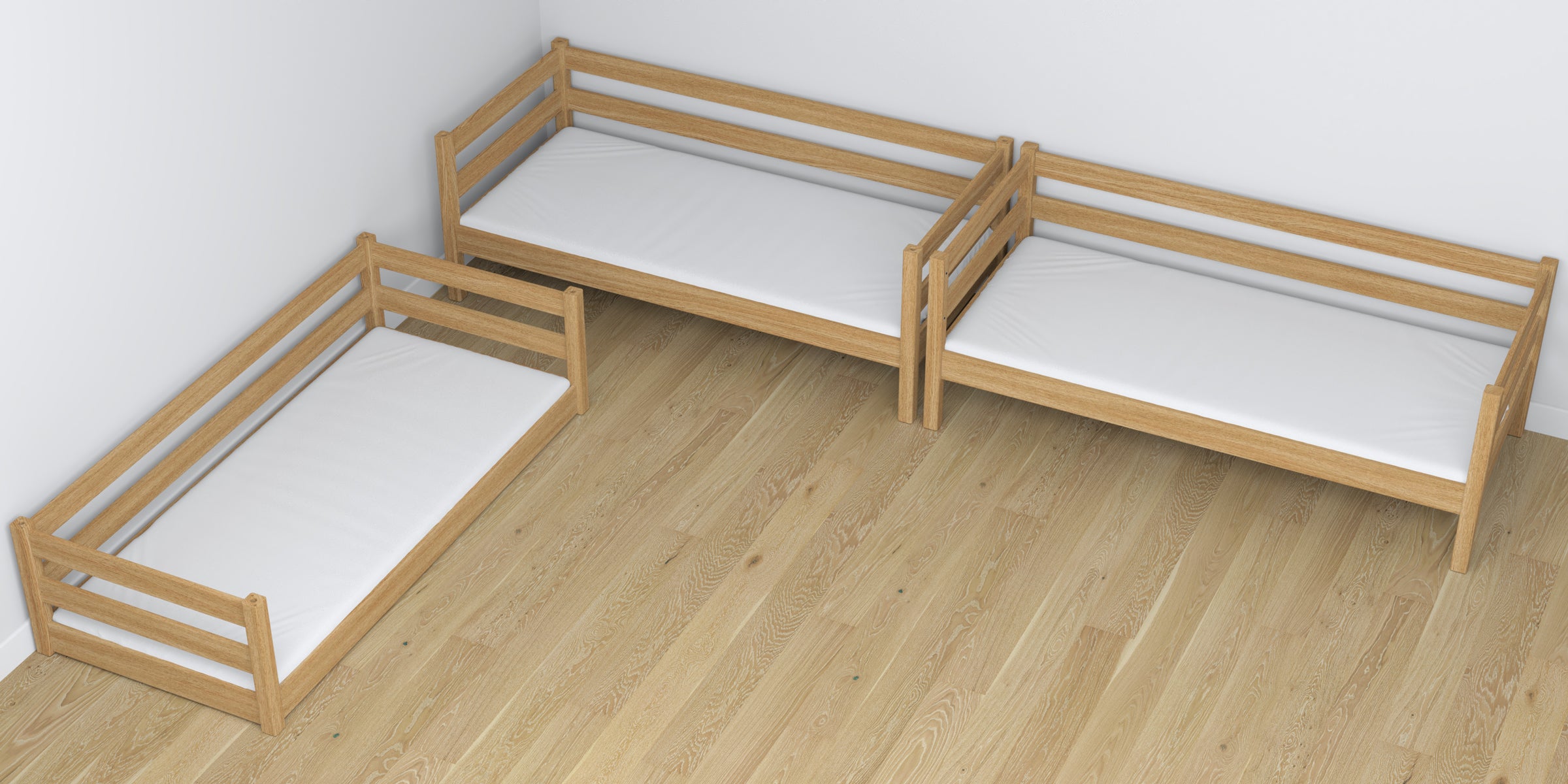 Třípatrová dřevěná postel, přírodní dub - detail spojů a konstrukčních detailů