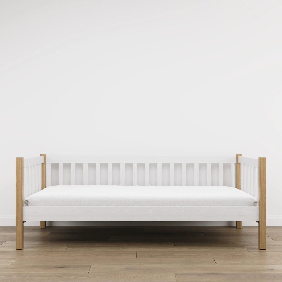 Sofa bed wooden white with oak – view from the headboard, children’s room