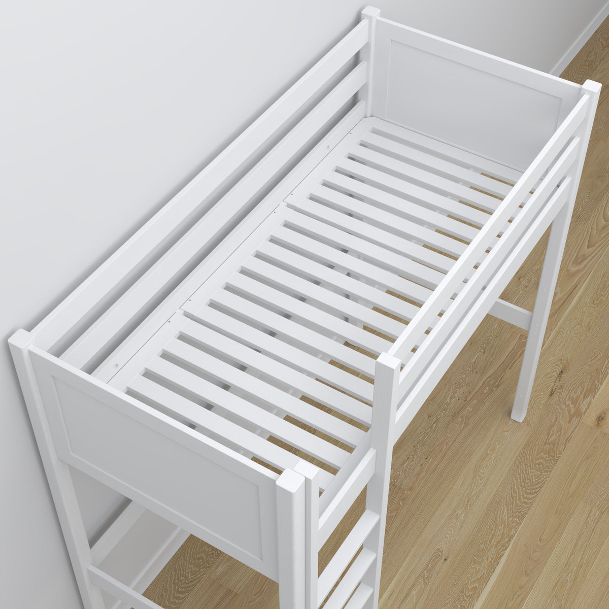 White Wooden Loft Bed – Ladder and Joint Details, Nizio Home