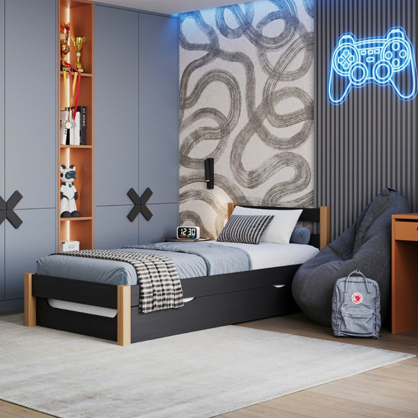 Black and Oak Bed with Drawer for Additional Mattress – Wooden, for Children, Nizio