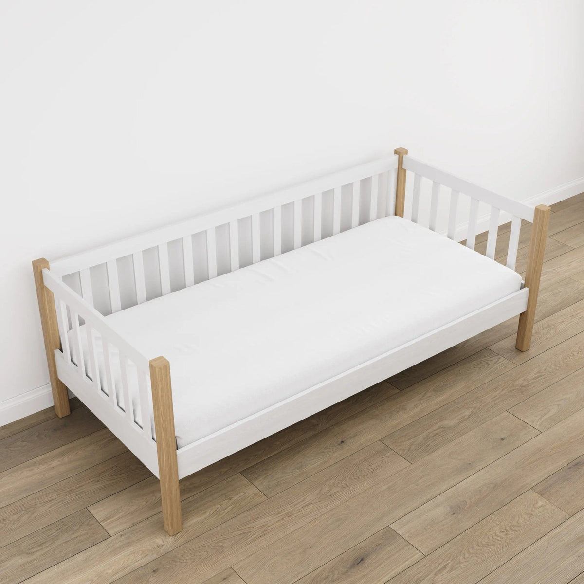 Sofa bed white with oak – wooden legs and base, close-up of details