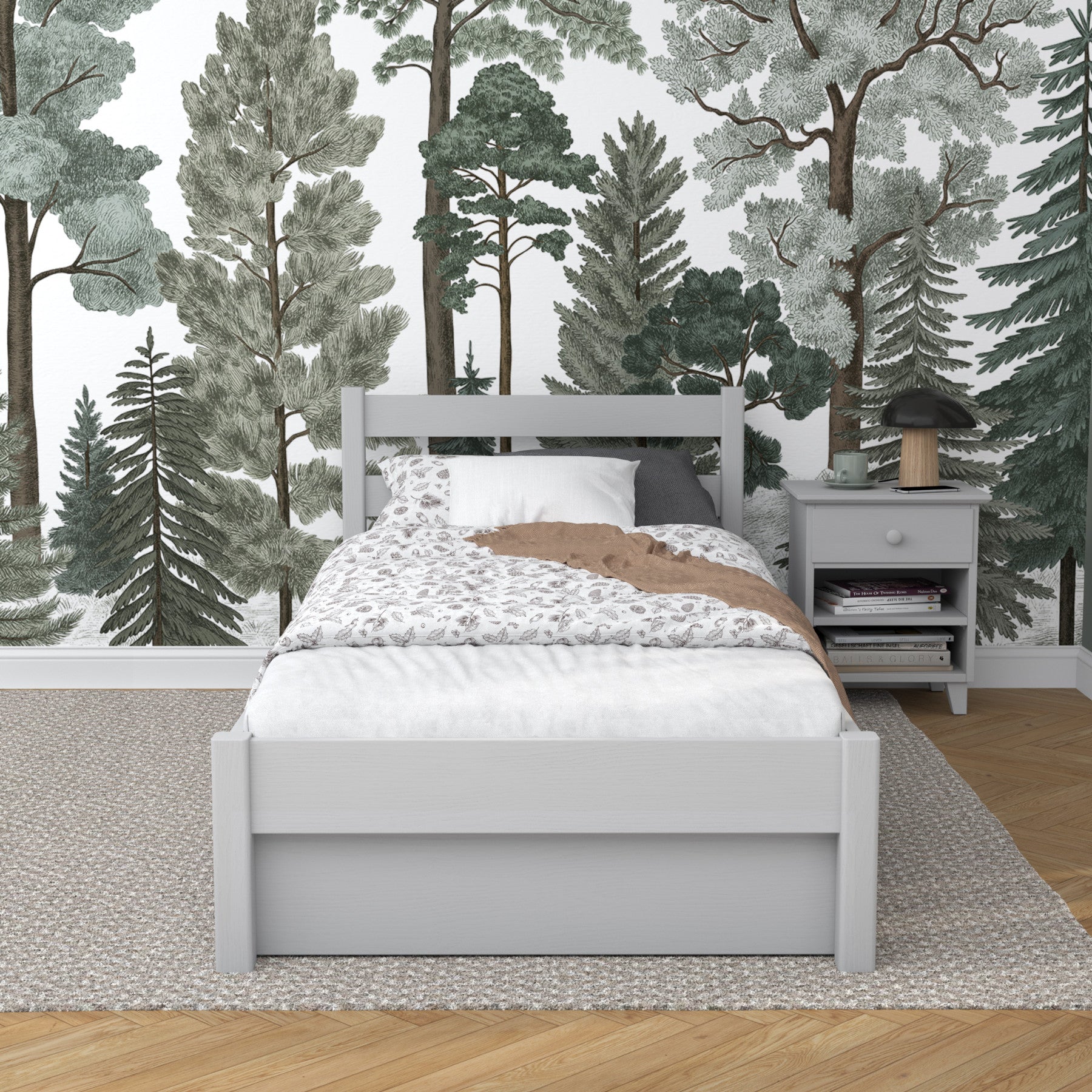 Bed grey with drawer – side view, wooden, Nizio Home