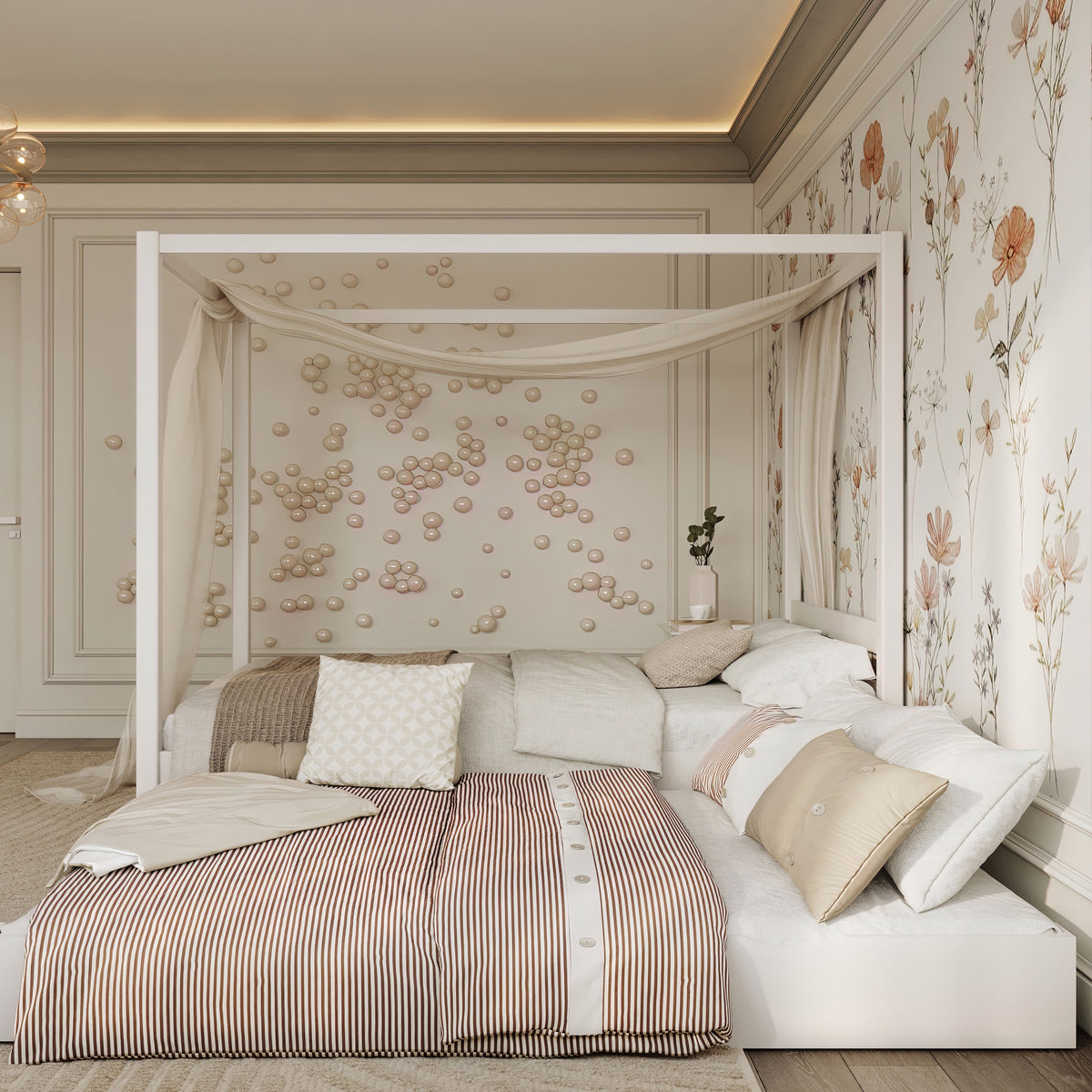 Wooden canopy bed white – extended drawer, guest sleeping space