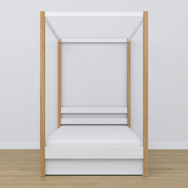 Bed white/oak canopy bed – open drawer, wooden, Nizio Home