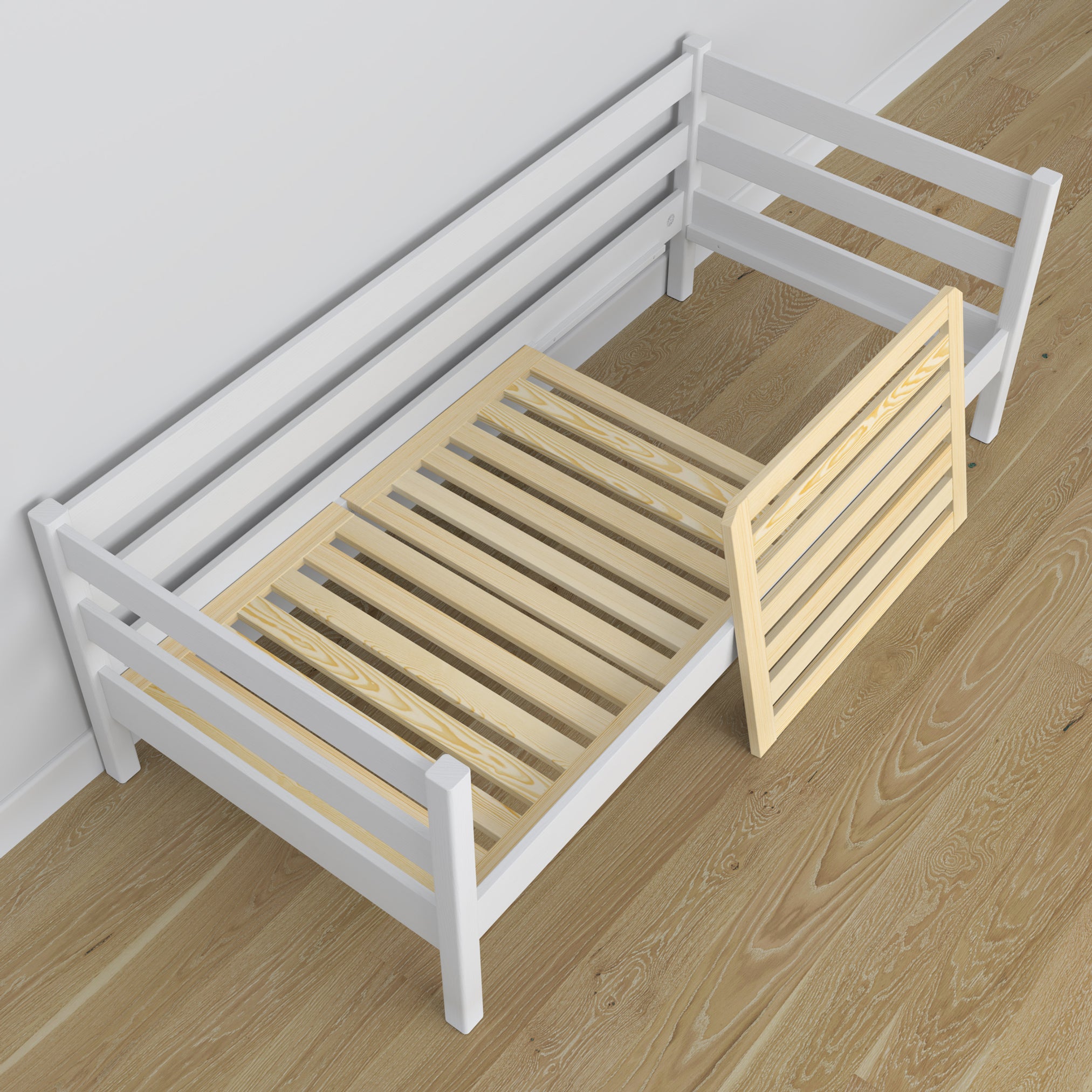 Sofa bed wooden white – view from the headboard, children’s room