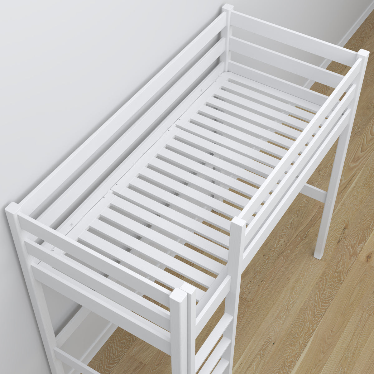 Loft bed white wooden – top view of the sleeping area