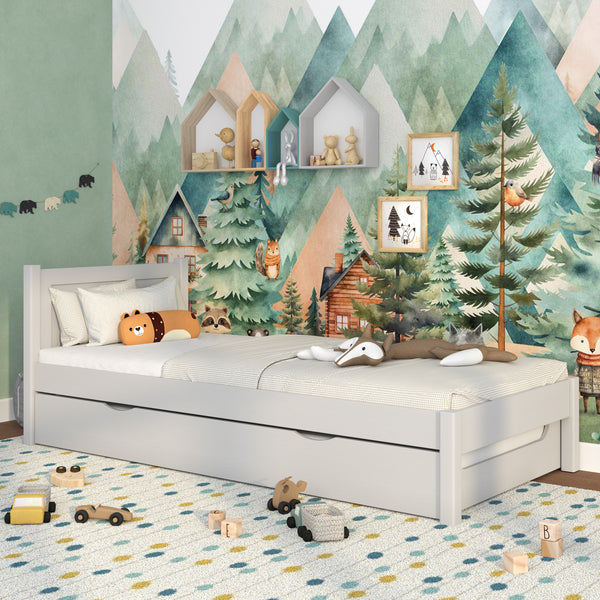 Łóżko pojedyncze z szufladą na materac N02 popielaty – dodatkowy widok, trwała jakość Nizio Home