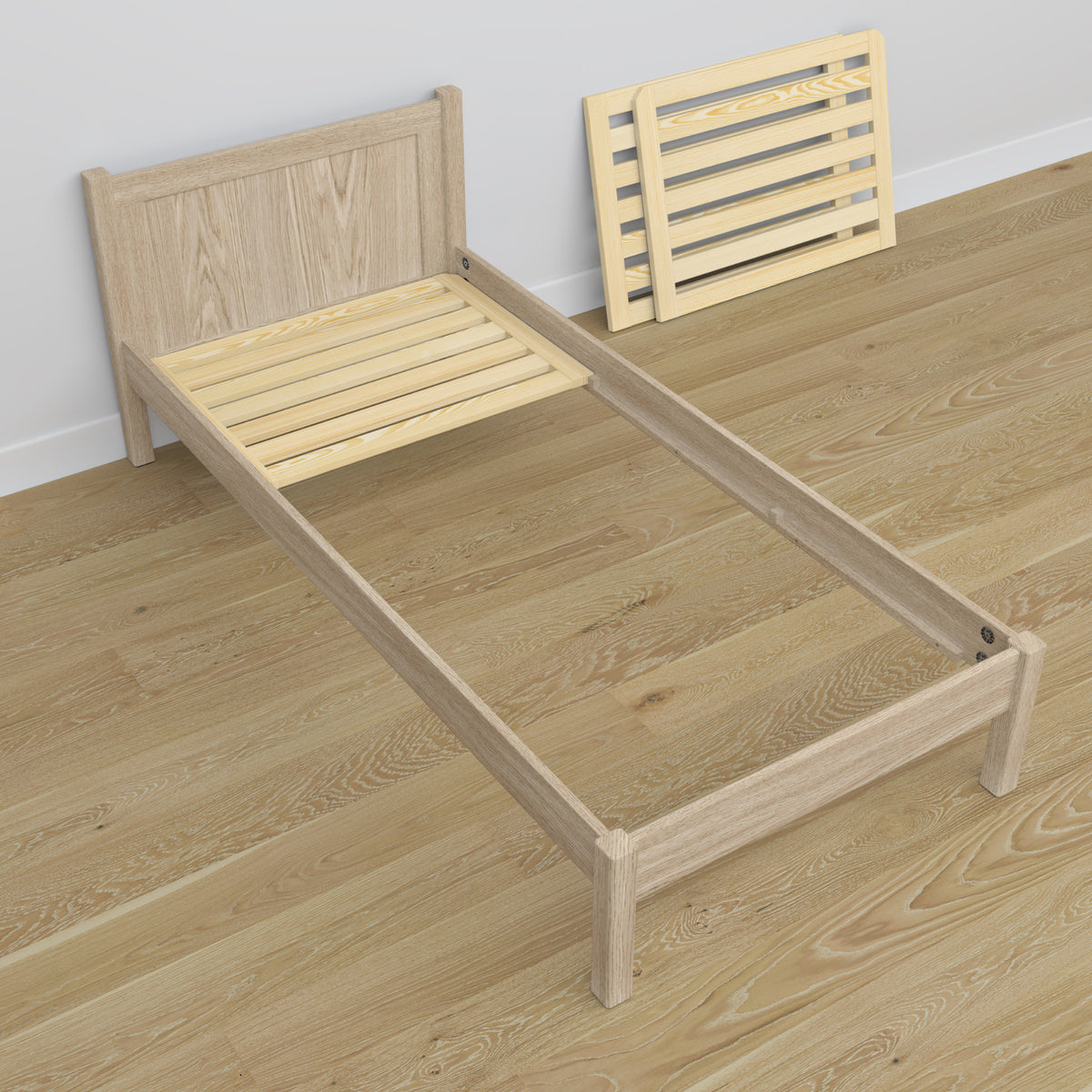 Single oak bed bleached oak – angled view, scandi children’s room