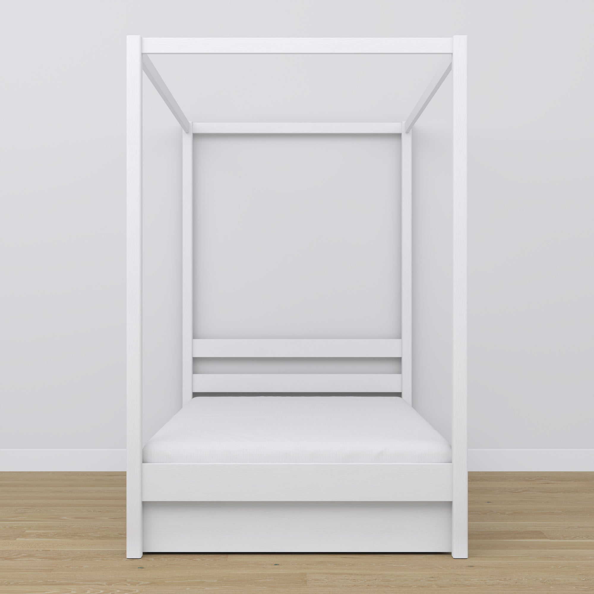 Wooden white canopy bed – angled view, craftsmanship quality