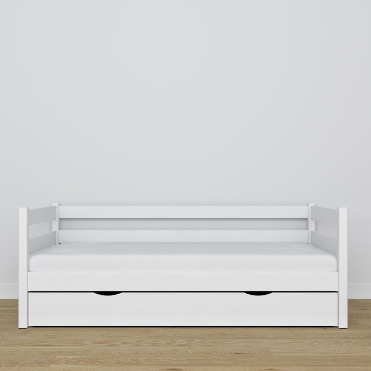 White sofa bed with drawer made of wood – dimensions and diagram, Nizio