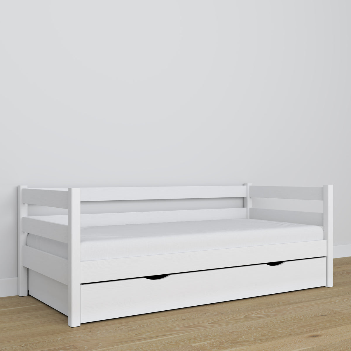 Wooden sofa bed with drawer white – child’s room, scandi arrangement