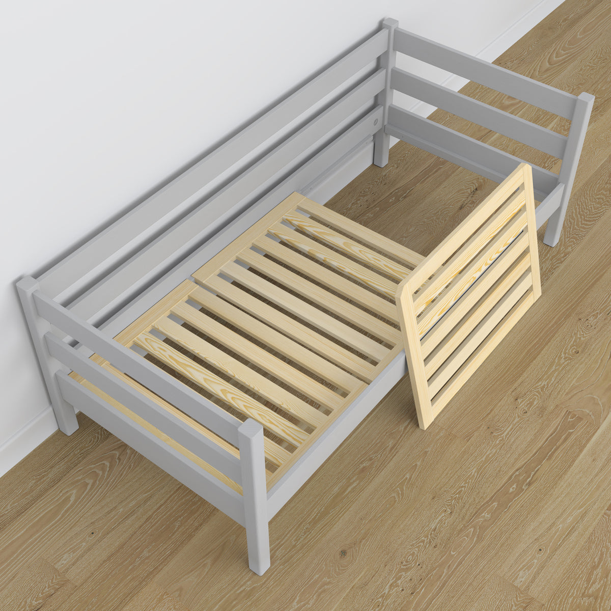Sofa bed wooden grey – view from the headboard, children’s room