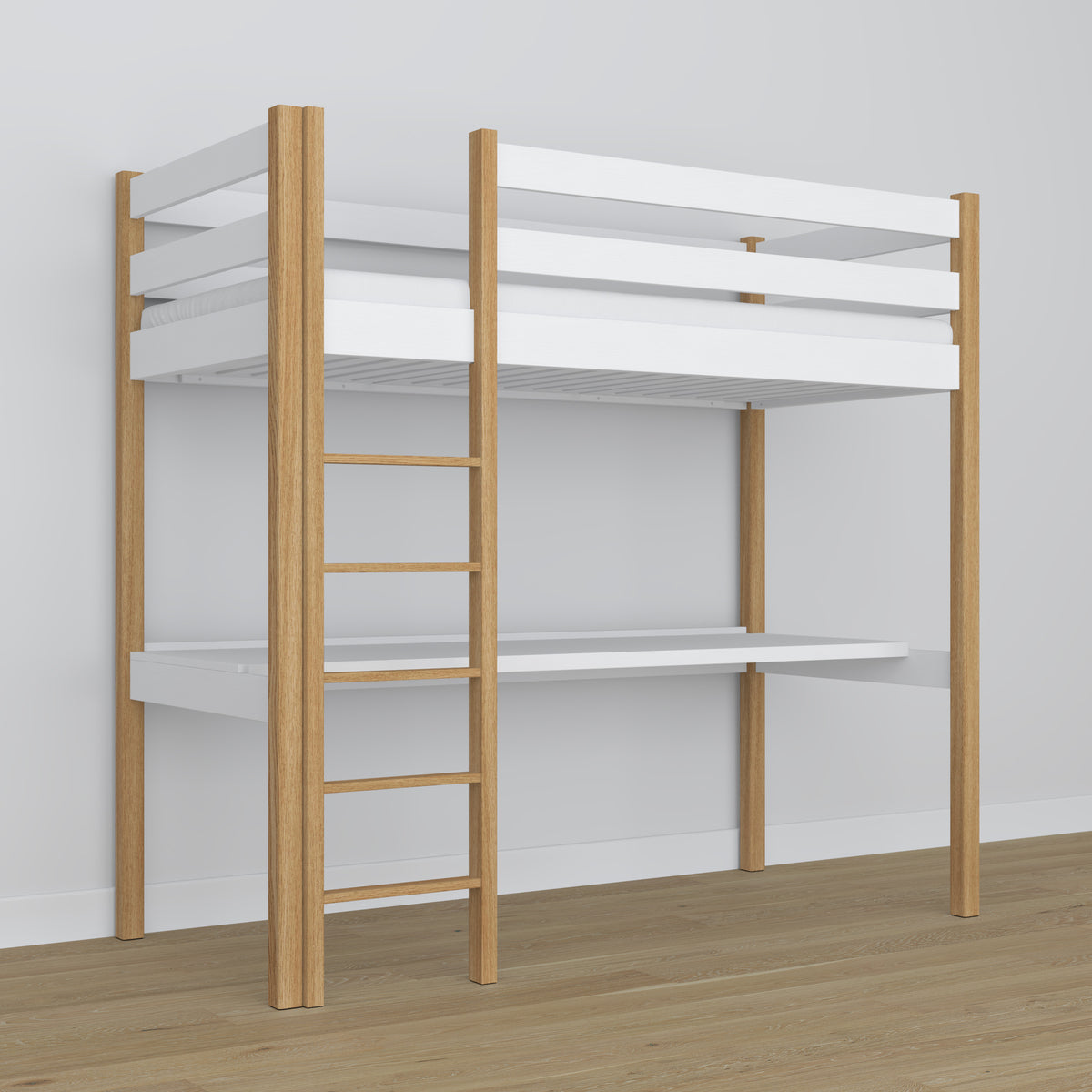 Łóżko na antresoli z biurkiem N05 biało dębowy – widok biurka pod podestem