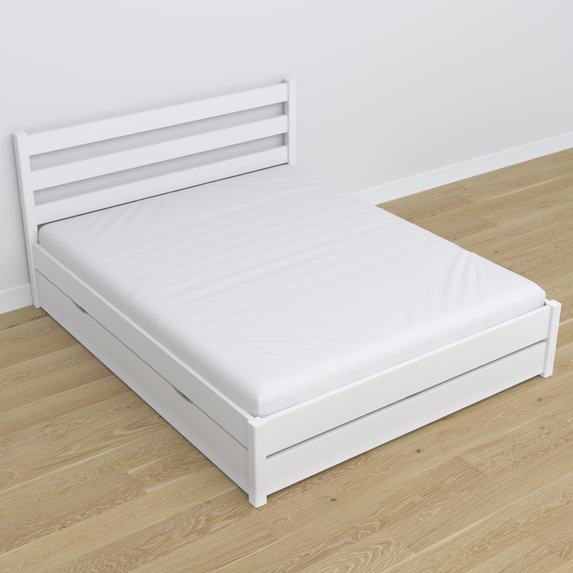 Double bed white – wooden legs and base, close-up