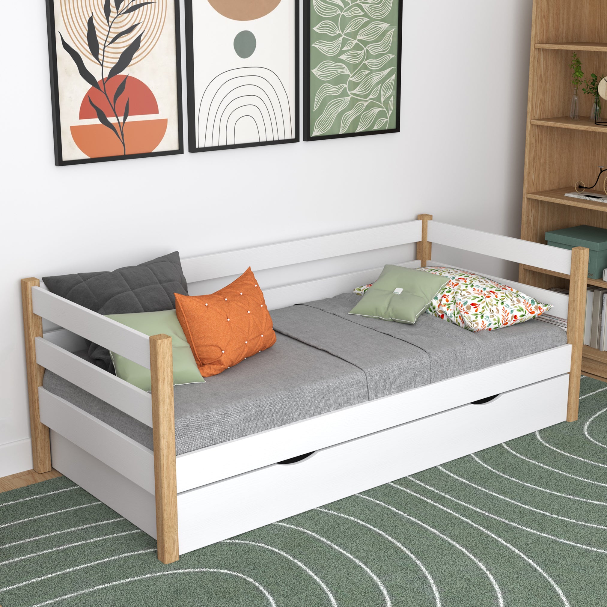 Sofa bed wooden white-oak – open drawer, bedding storage