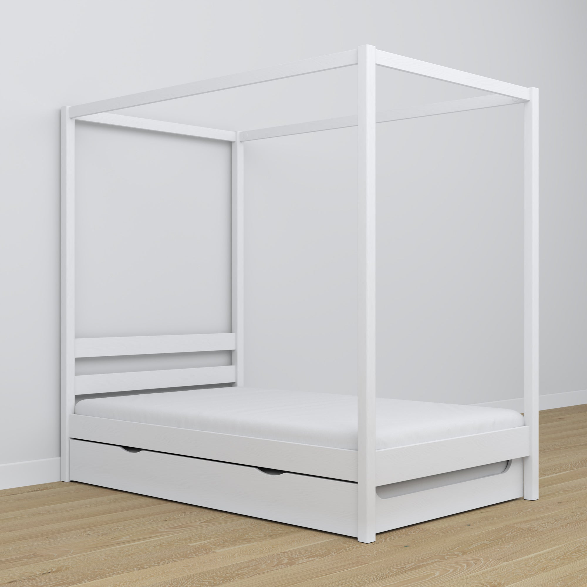 Wooden canopy bed white – scandi child’s room arrangement