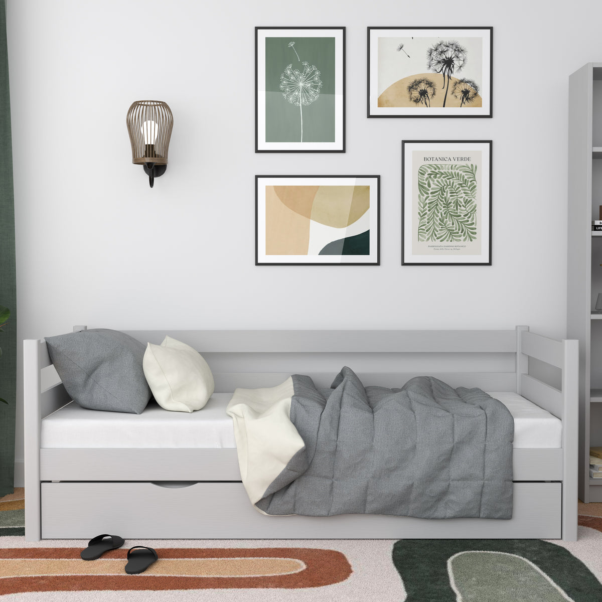 Grey sofa bed – wooden side barrier, side view, Nizio