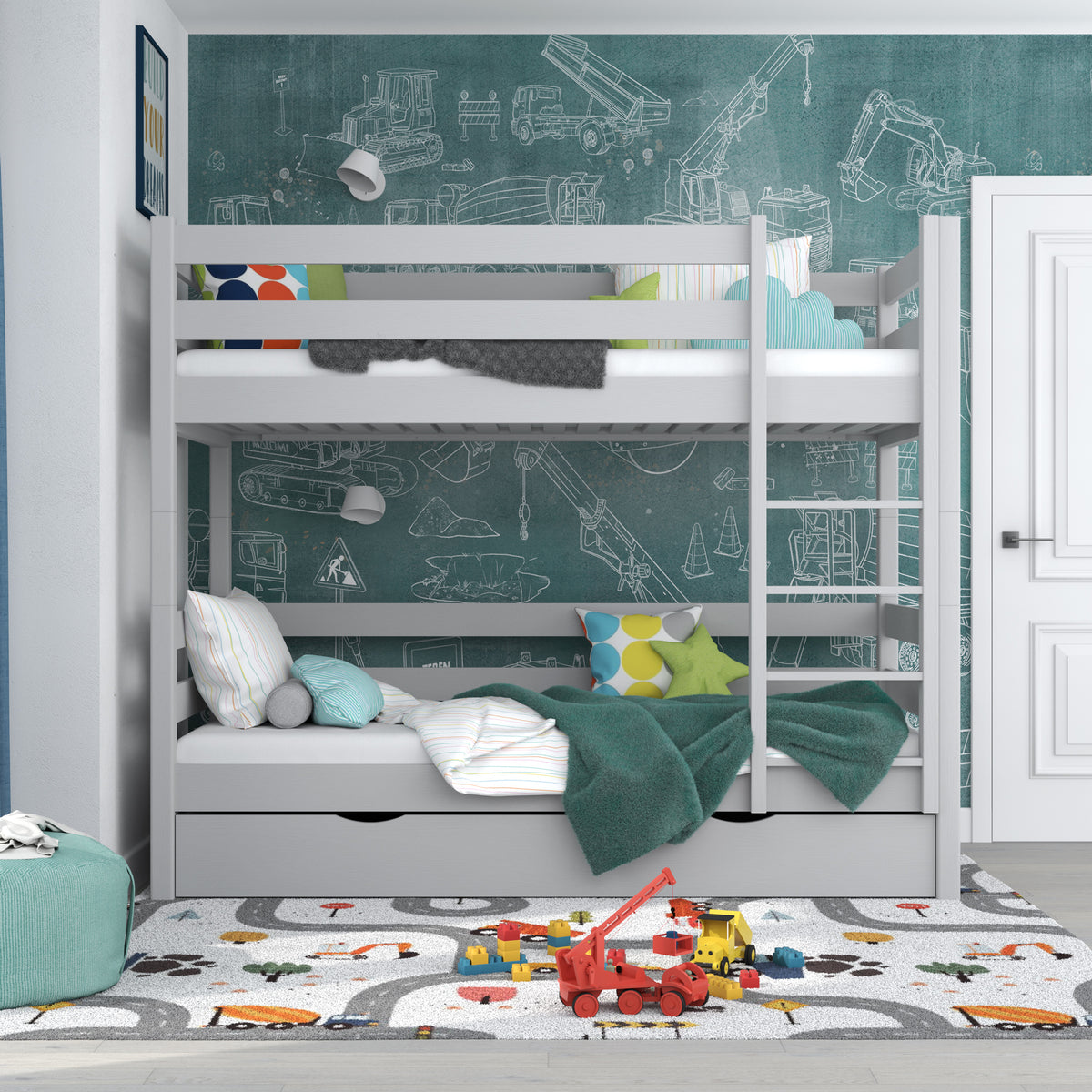 Grey Bunk Bed with Drawer – Wooden Safety Rail and Ladder, Nizio