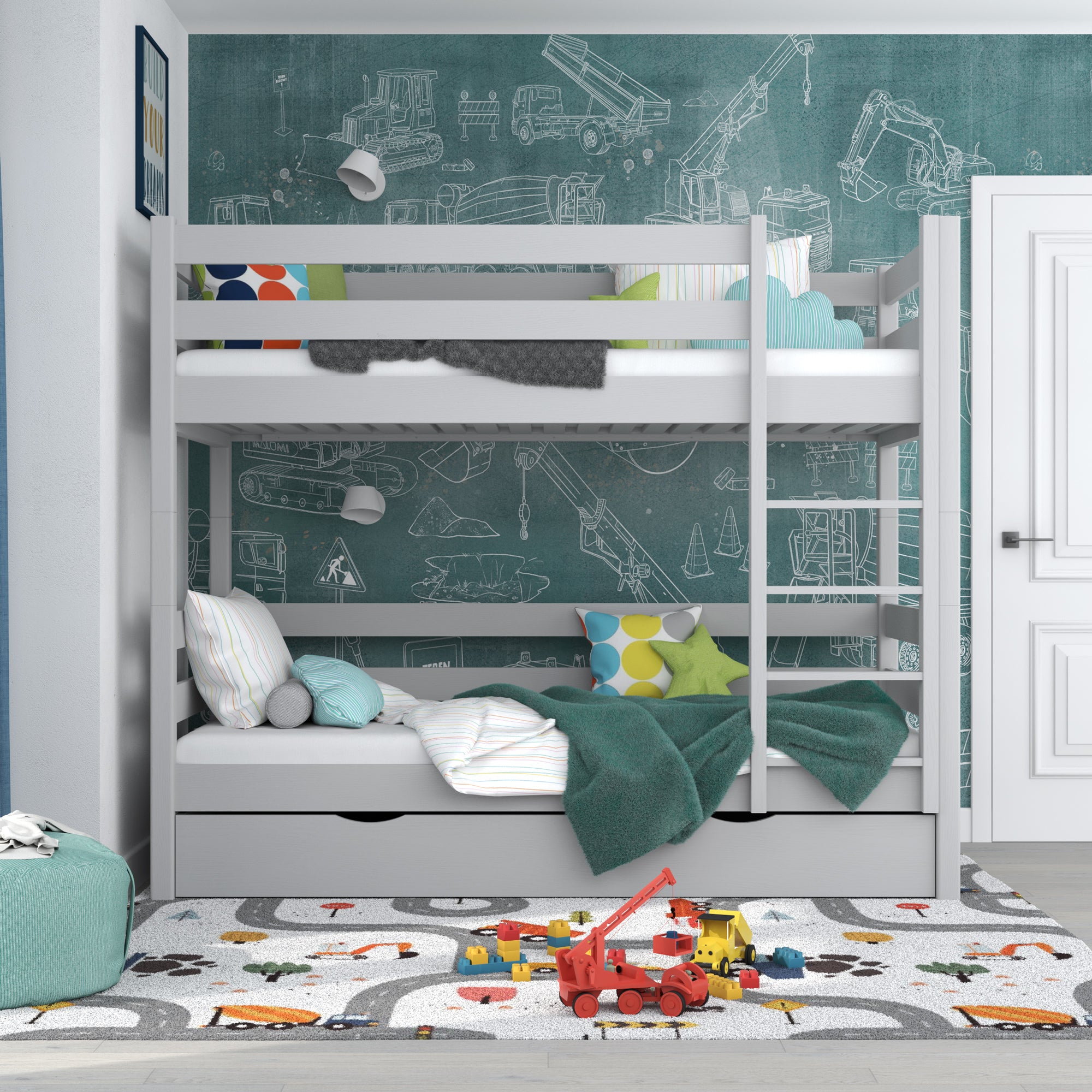 Grey Bunk Bed with Drawer – Wooden Safety Rail and Ladder, Nizio