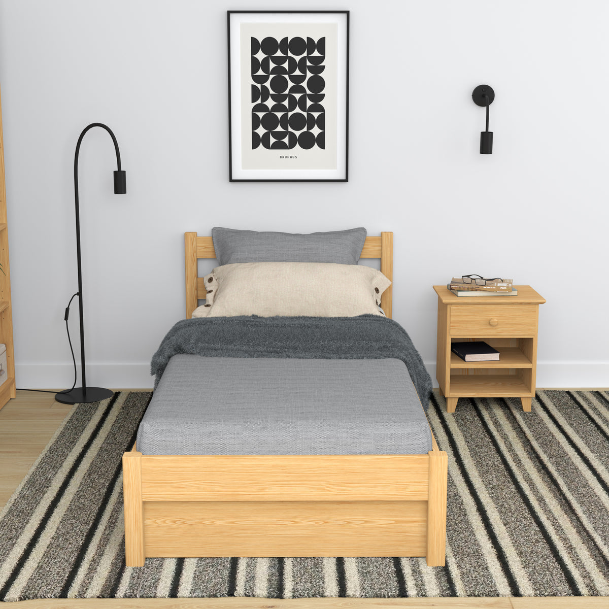 Natural pine bed with drawer – side view, wooden, Nizio Home
