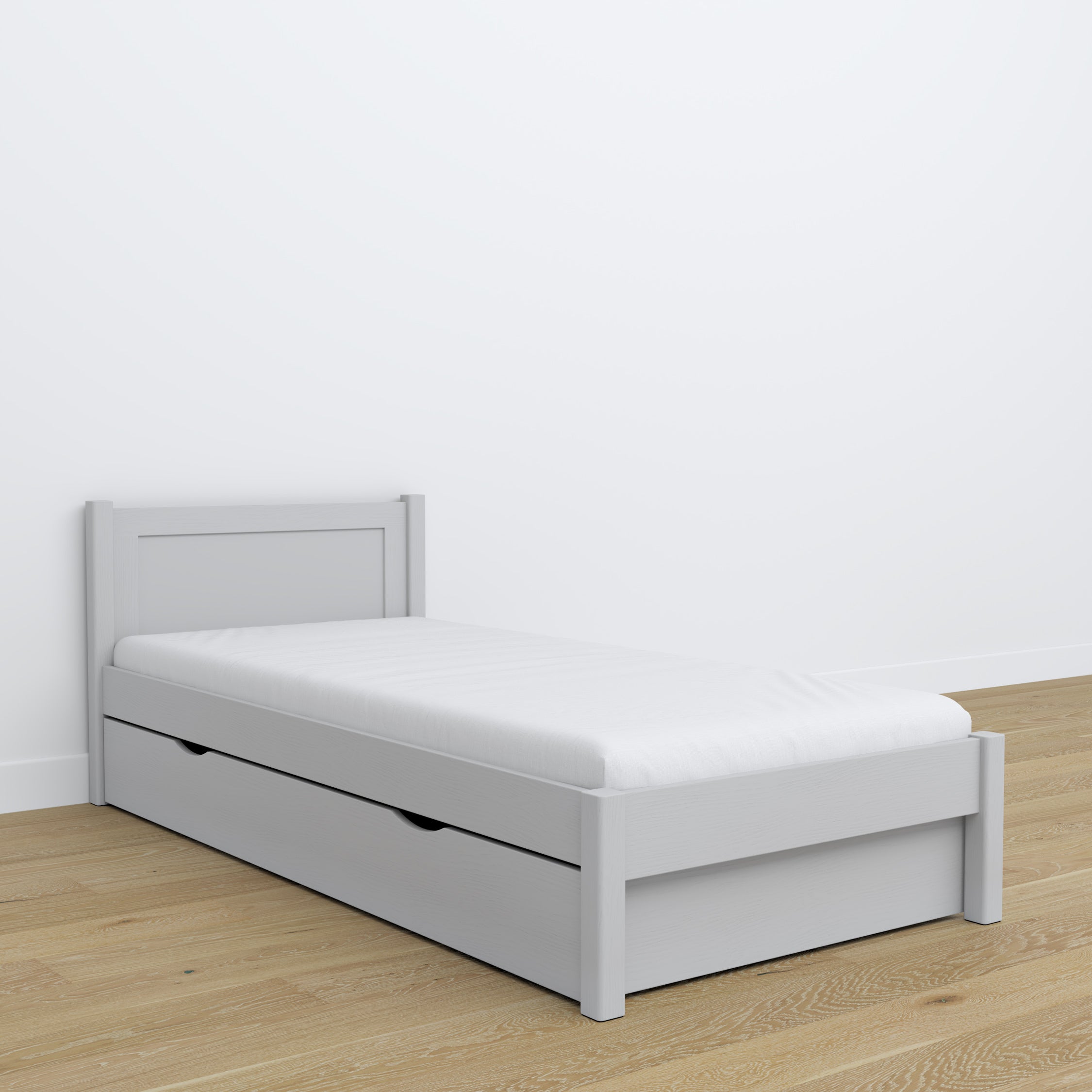 Wooden bed with drawer grey – child’s room, scandi arrangement