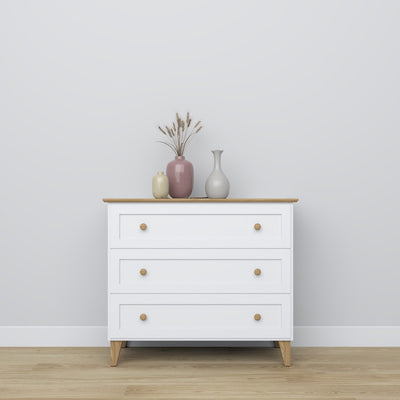 Chest of drawers 3S white with oak wood – side view, compact structure