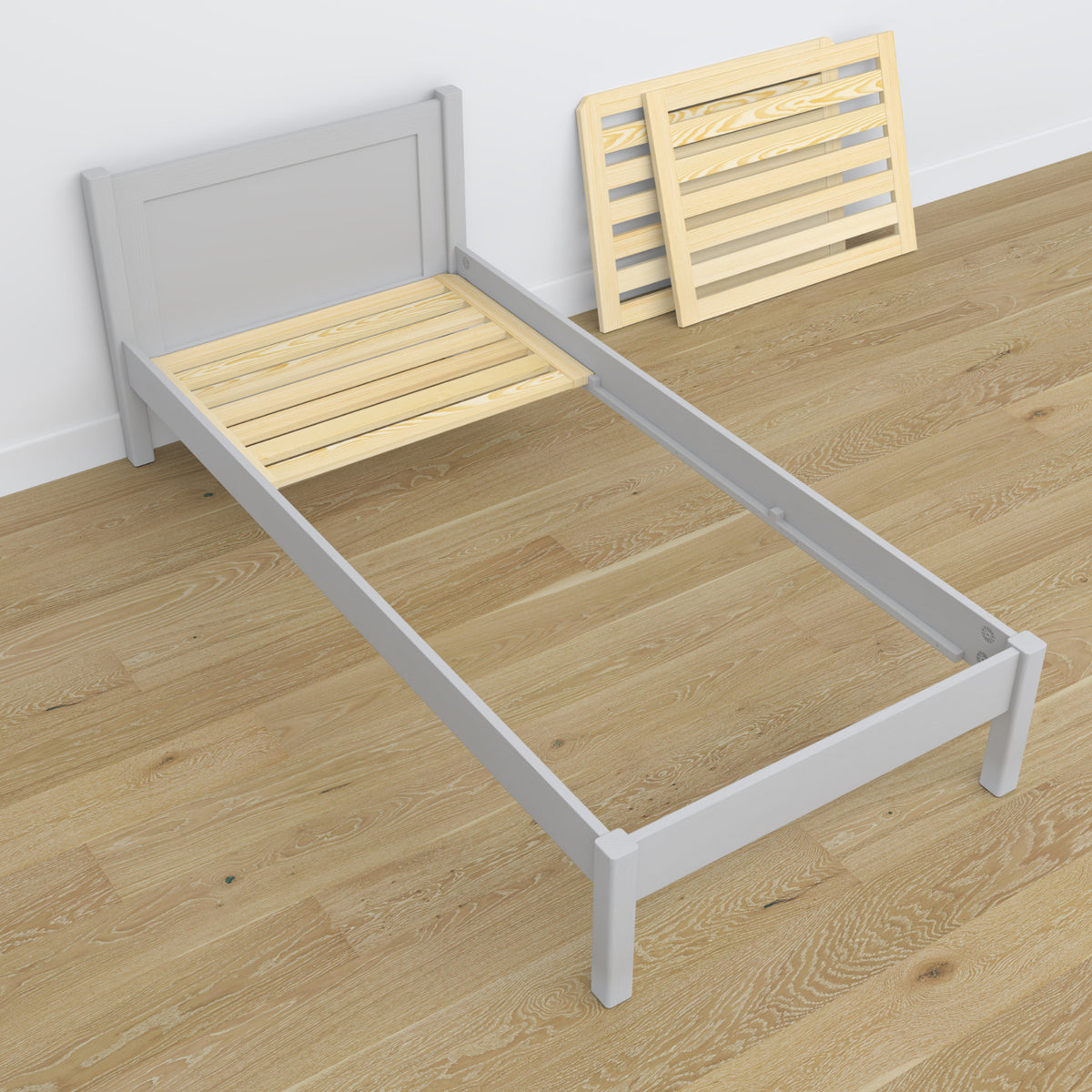 Bed with mattress drawer grey made of wood – dimensions, Nizio